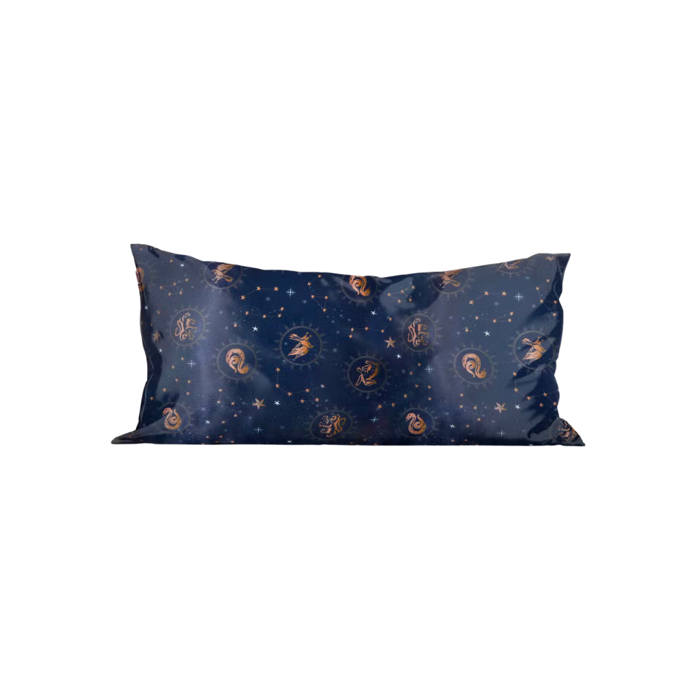 Navy blue silk pillowcase with gold print. From the Kitsch x Harry Potter collection.