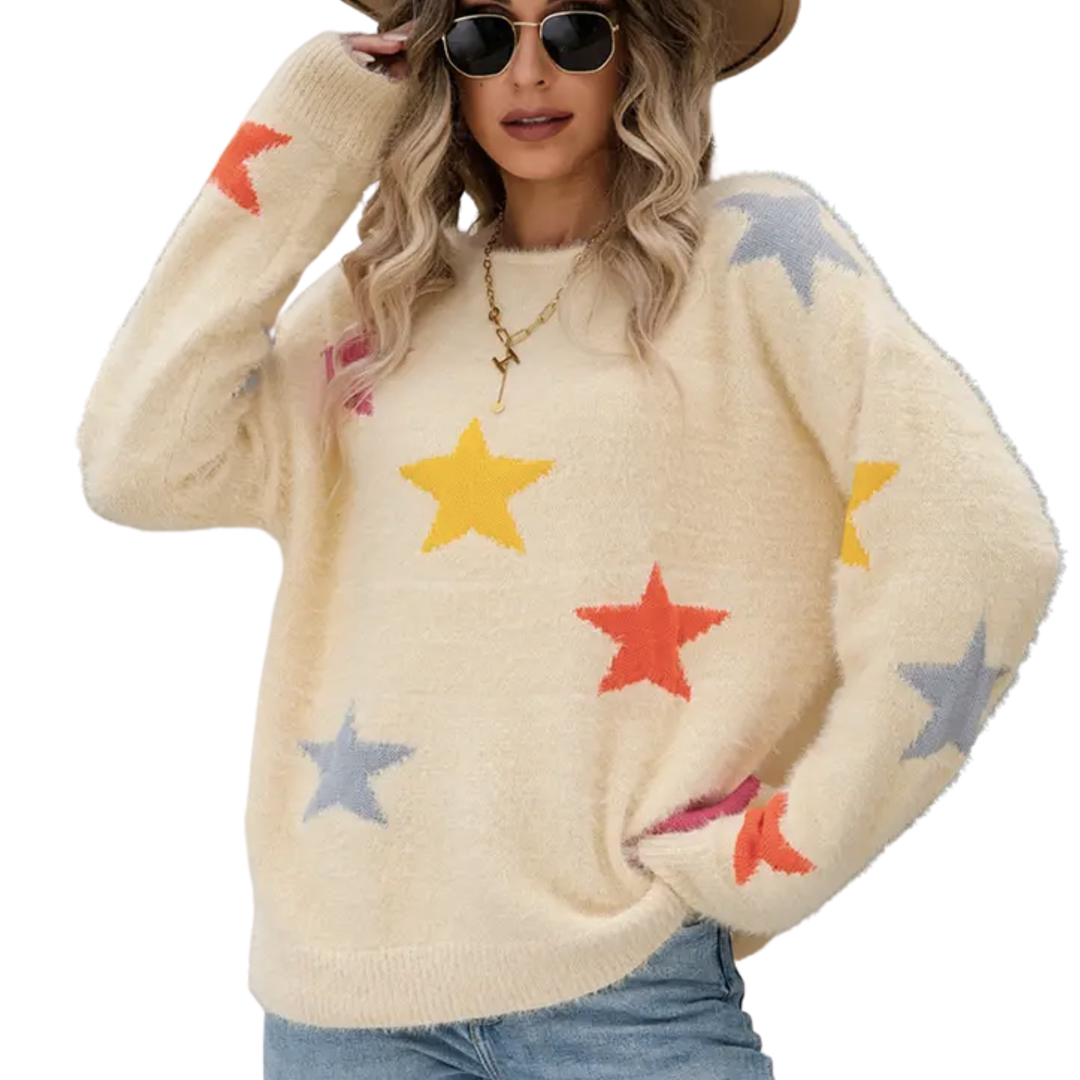 Star Printed Round Neck Sweater - White