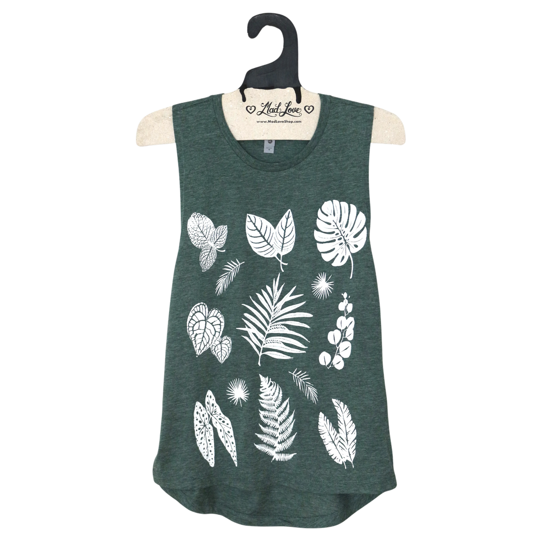 Tri Blend Forest Green Muscle Tank with Plants Print