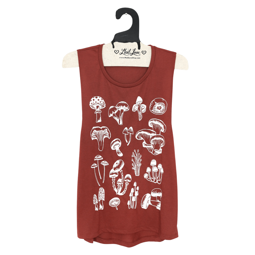 Rust Muscle Tank with Mushrooms Hand Screen Print