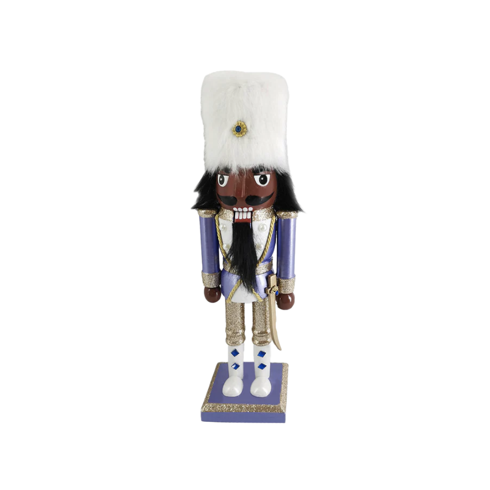 Periwinkle Nutcracker with White Fur Hat 10 Inch
