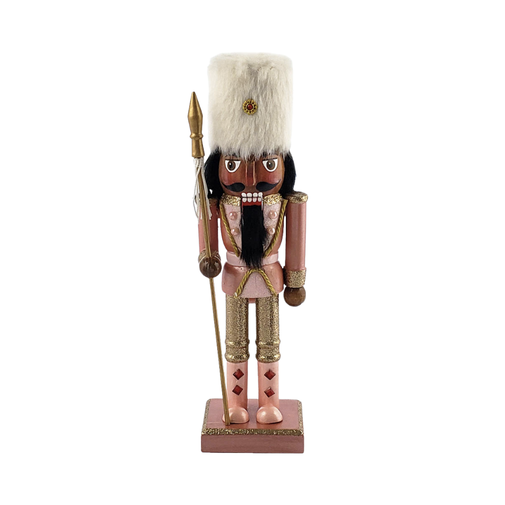 Rose Gold Soldier Nutcracker with Faux Fur Hat 10 Inch