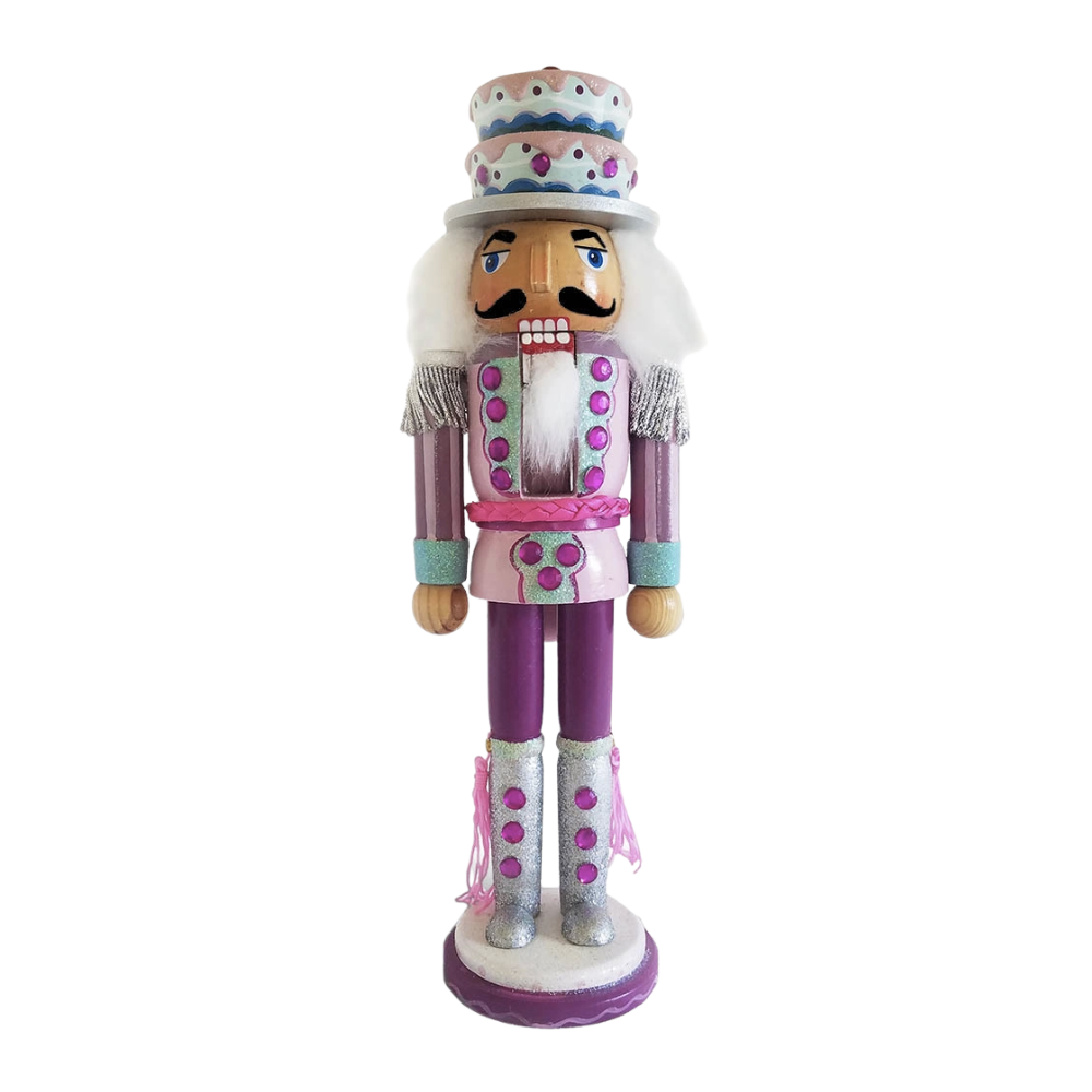 Pink and Teal Candy Cane Nutcracker with Cake Hat 12 inch