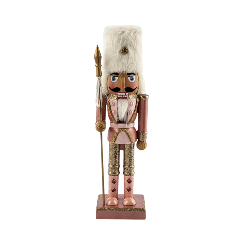 Nutcracker Soldier in Rose Gold and White Fur Hat 10 Inch