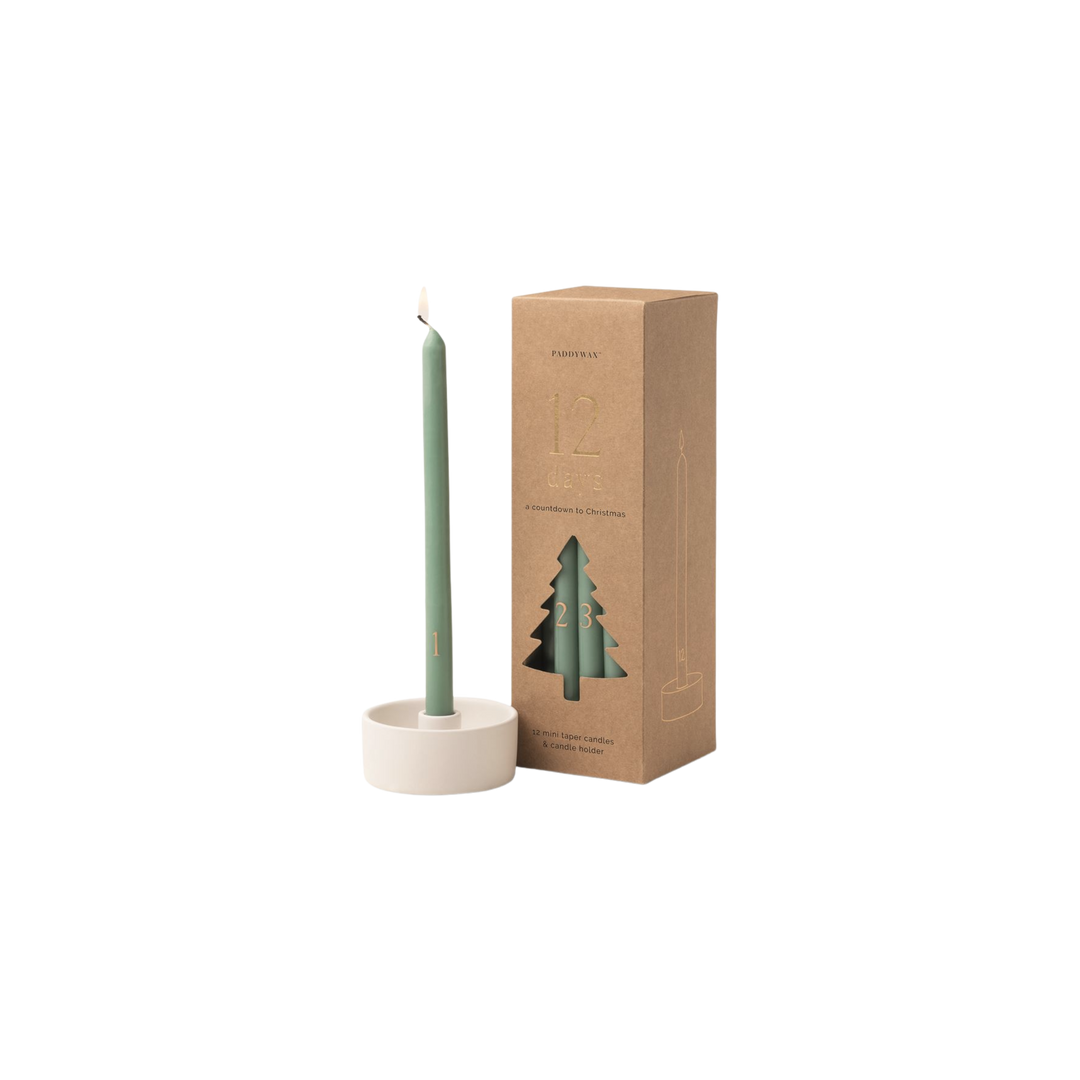 Cypress & Fir Gift Set - 12 Days of Christmas Mini Tapers with Debossed Numbers + Ceramic Holder