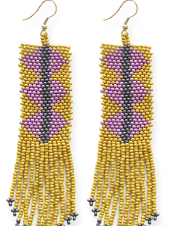 Citron and Lilac Triangle with Grey Stripe Seed Bead Earrings