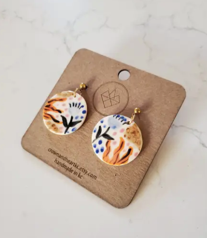 Blue and Orange Floral Circle Earrings