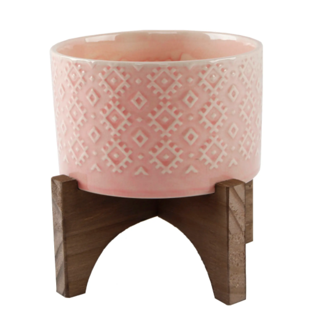 Pink 5" Ceramic Planter On Wood Stand