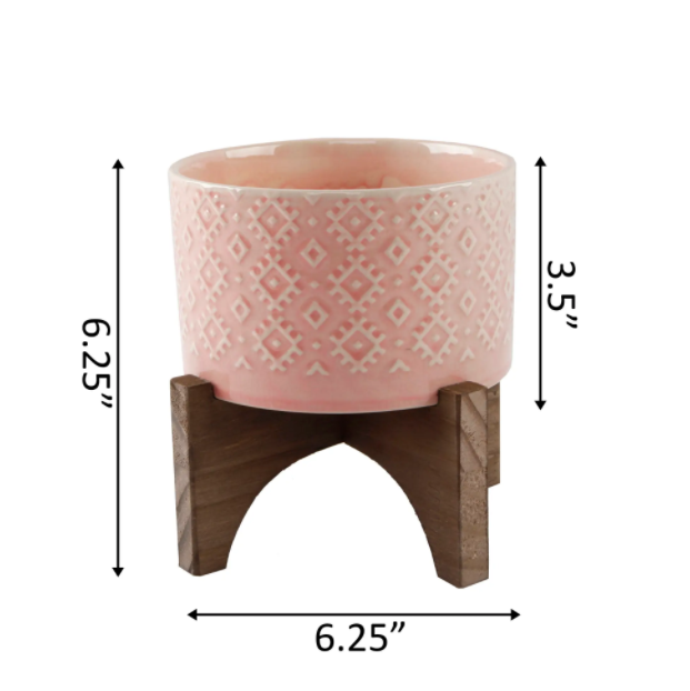 Pink 5" Ceramic Planter On Wood Stand