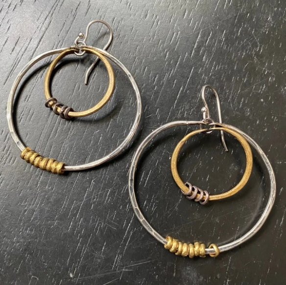 Double Hoop Earrings: Silver Outside Hoop, Brass Inner Hoop