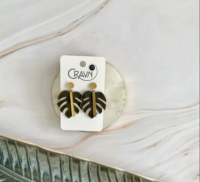 Monstera Brass and Leather Dangle Earrings