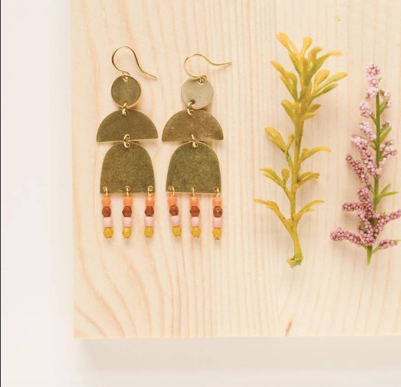 Brass and Bead Orange Fringe Earrings