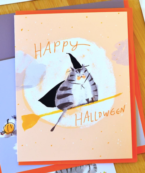 Happy Halloween Broomstick Cat Card