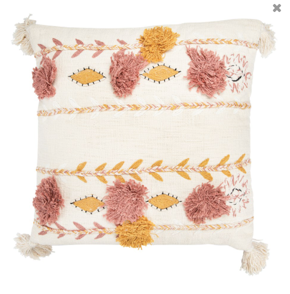 Square Cotton Embroidered Throw Pillow w/ Tassels & Applique