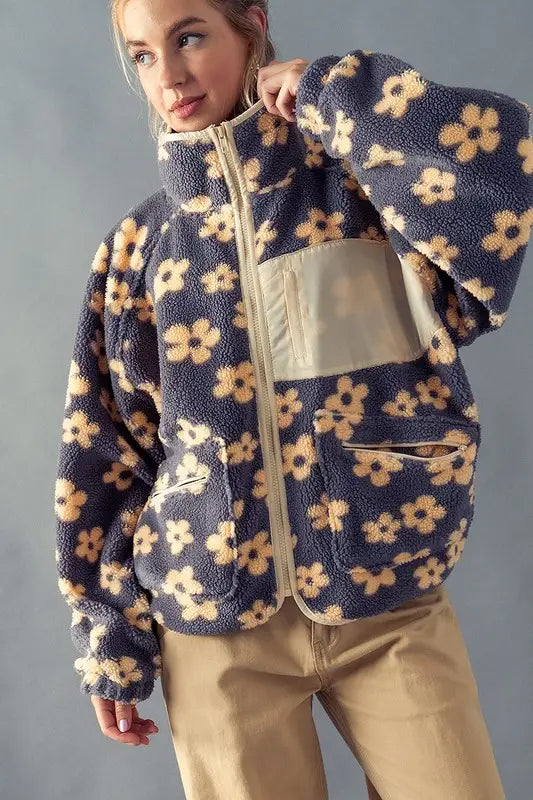 Flower Print Zip Up Cozy Fleece Jacket – Golden Hour Gift Co