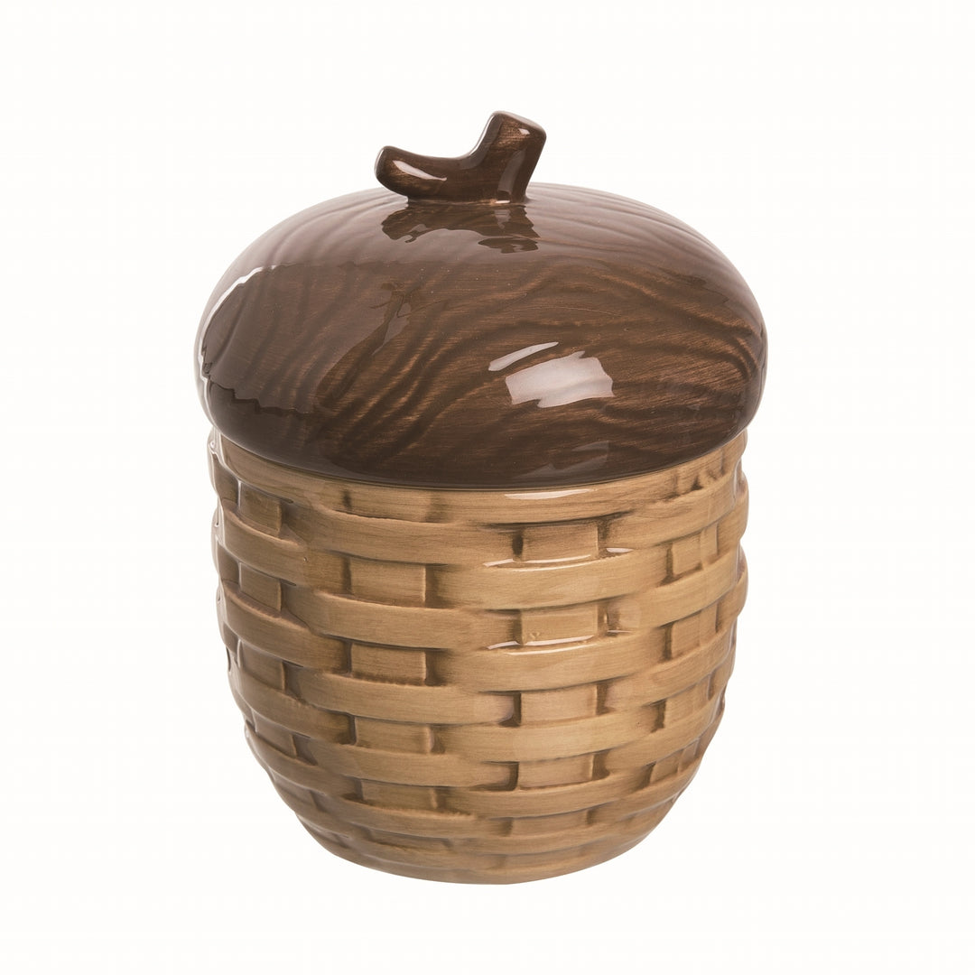 Ceramic Brown Woven Acorn Container with Lid