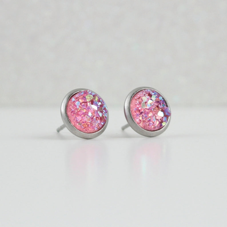 Pink Rose Druzy Crystal Earrings
