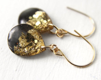 Small Black and Gold Leaf Teardrop Earrings // by Tiny Galaxies - WATERBURY