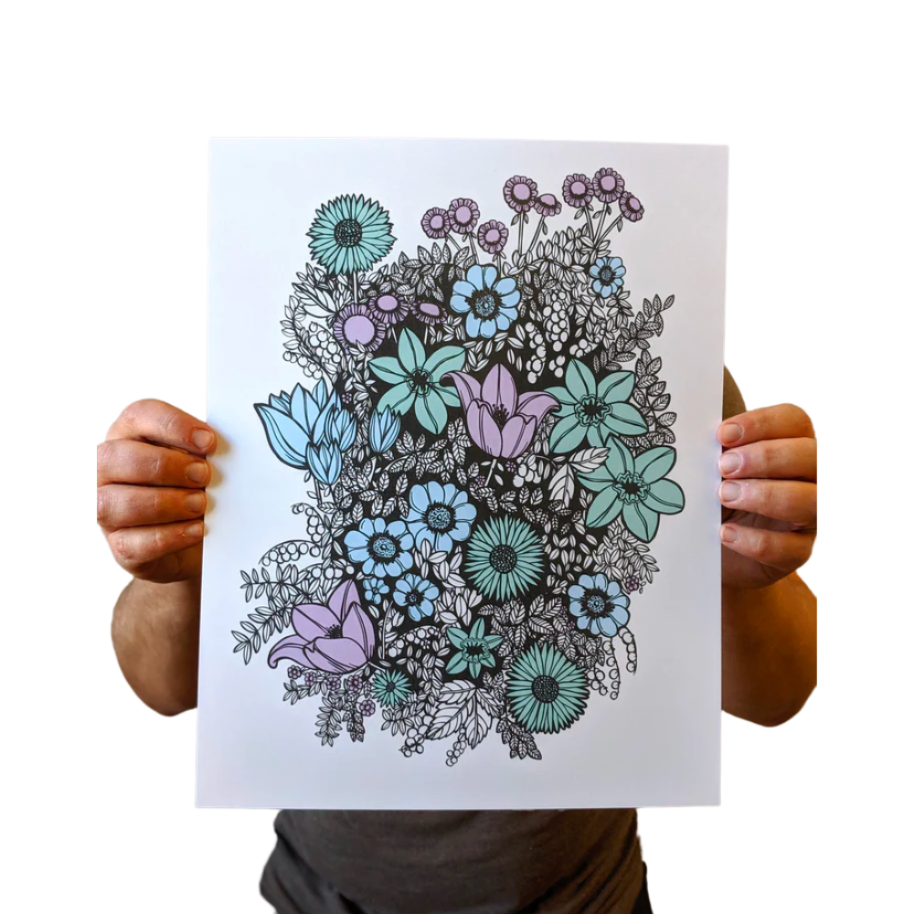 Black, Purple, Blue, and Green Floral Print on white paper. This 11" x 14" digital print is printed on 110lb white stock and sold unframed.