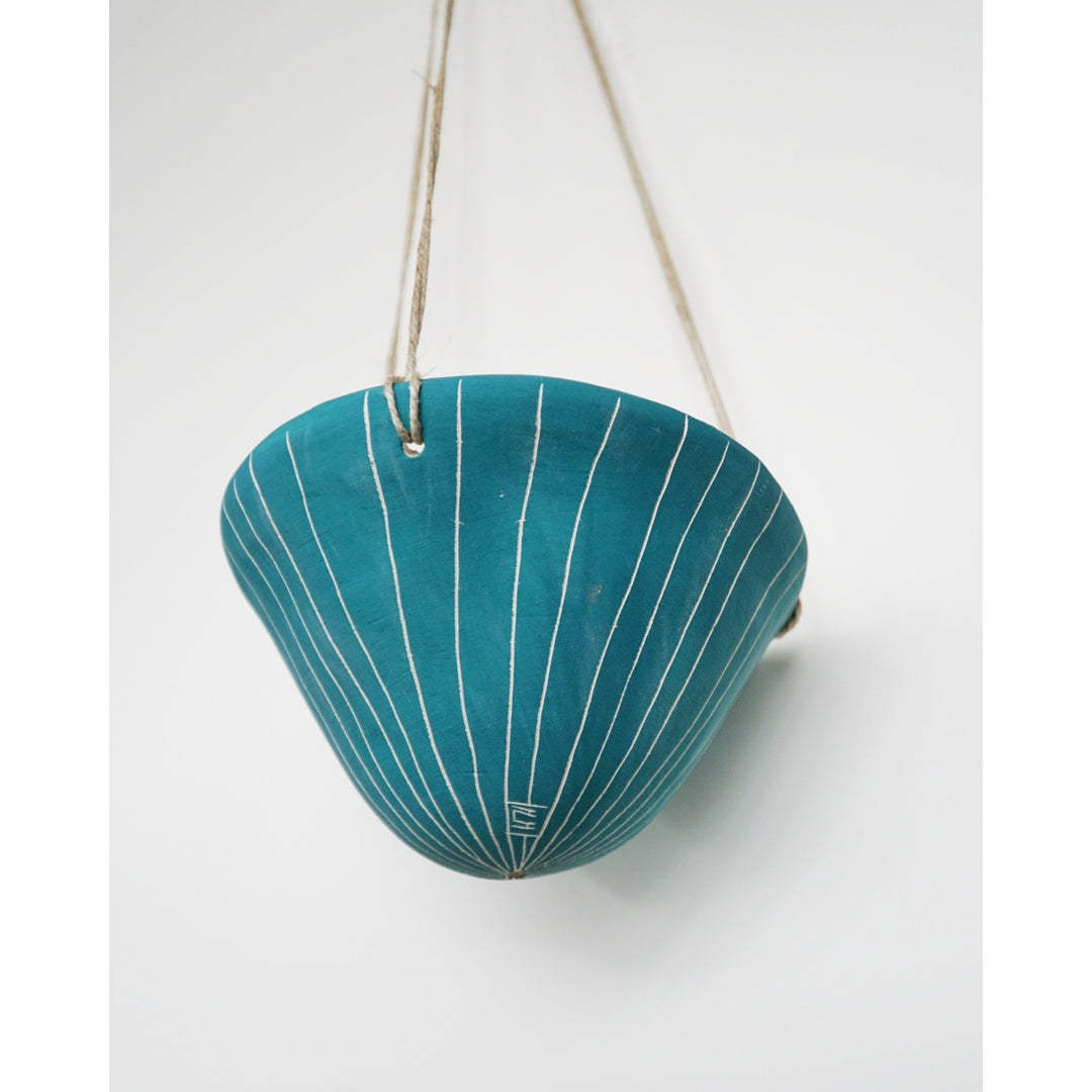Vertical Lines Hanging Planter - Teal & White