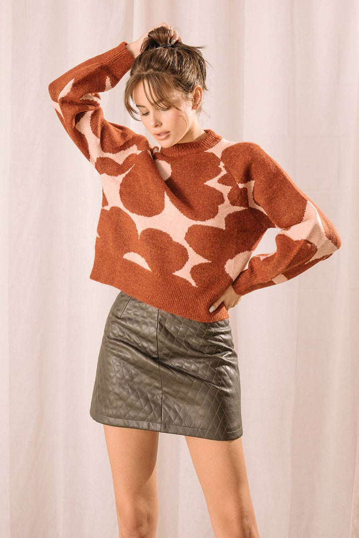 Enlarged Mod Flower Print Knit Pullover Rust & Light Coral