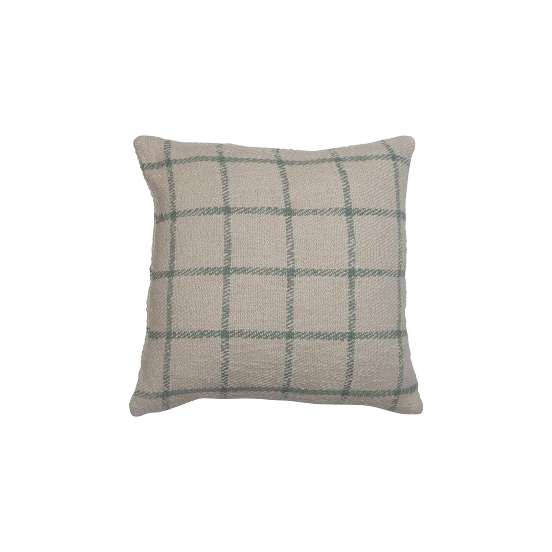 20" Woven Cotton Plaid Pillow - Green and Cream