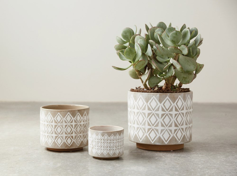 Grey Stoneware Planter with White Starburst Pattern