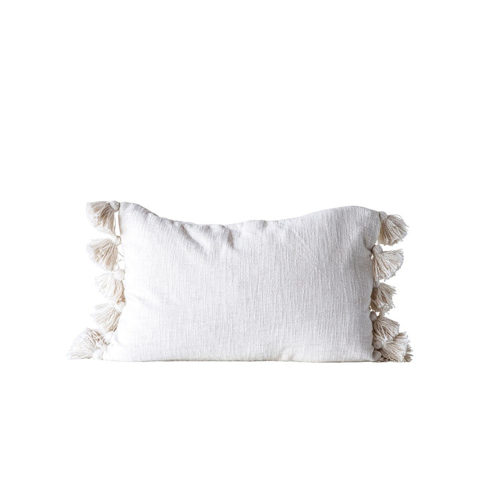 Cream Lumbar Cotton Woven Slub Pillow with Tassels