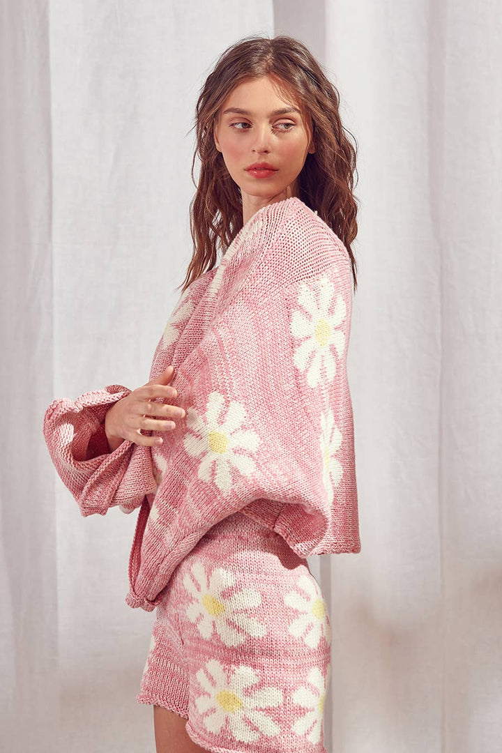 Pink Oversized Boat Neck Cropped Daisy Flower Power Sweater