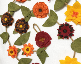 Felt Flower Garland, Fall Flowers with Rustic Twine // By Red Marionette