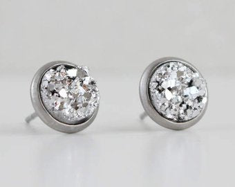 Bright Silver Druzy Stud Earrings