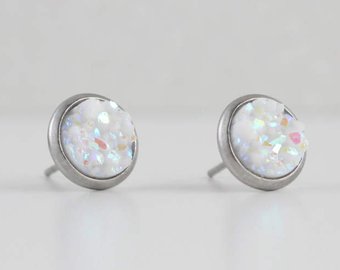 Pearl White Druzy Stud Earrings