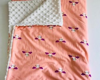 Organic Cotton Jersey + Minky Baby Blanket - Pink Bees