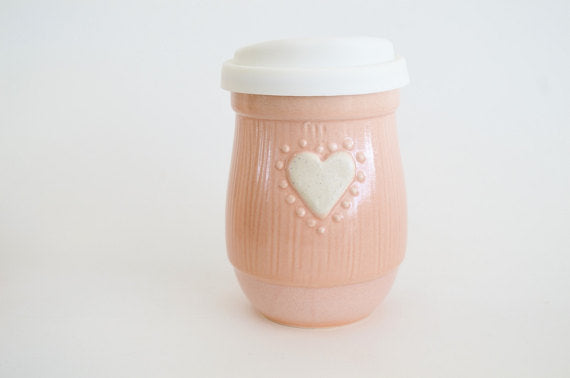 Ceramic Travel Mug with Lid- Pink with Heart- 16oz