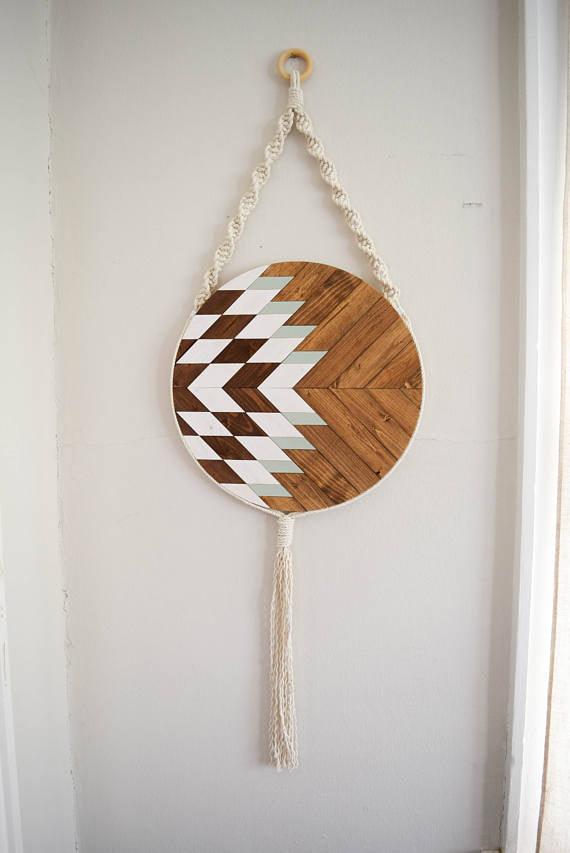 Wood and Macrame Wall Hanging with White/Teal -   // by Roaming Roots Studio