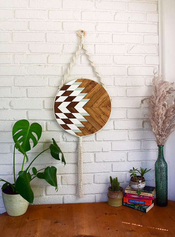Wood and Macrame Wall Hanging with White/Teal -   // by Roaming Roots Studio