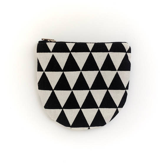 Black Triangles Small Round Pouch- Geometric Modern Zip Wallet