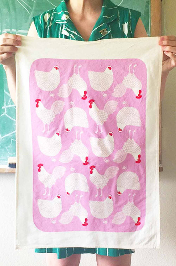 Pink Chickens Tea Towel