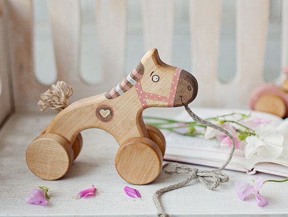 Wooden Pull Along Horse Toy - Pink