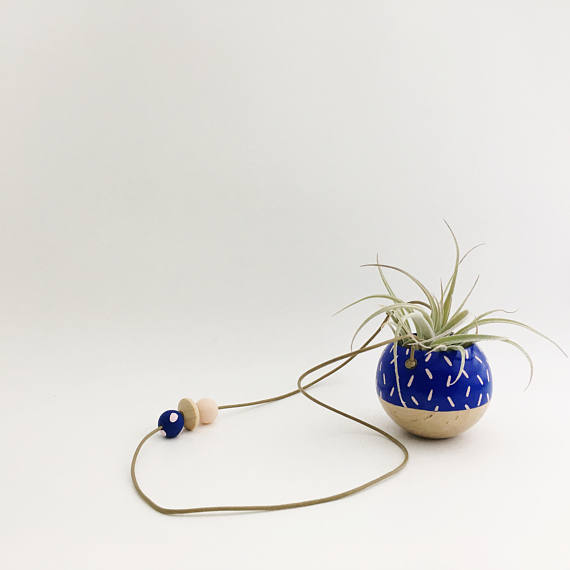 Mini Hanging Sphere Planter- Cobalt/Natural w/Pink Confetti