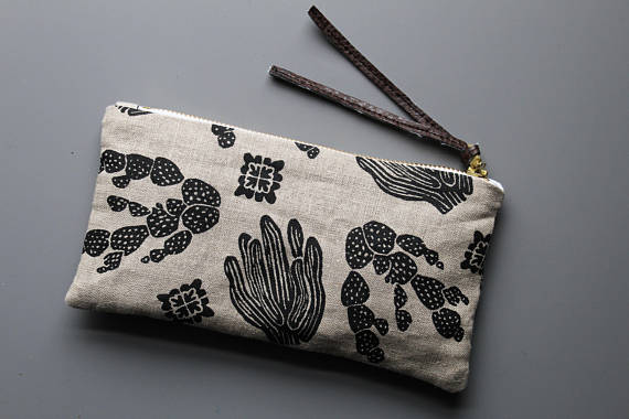 Black/Oatmeal Cactus Linen Pouch -Small