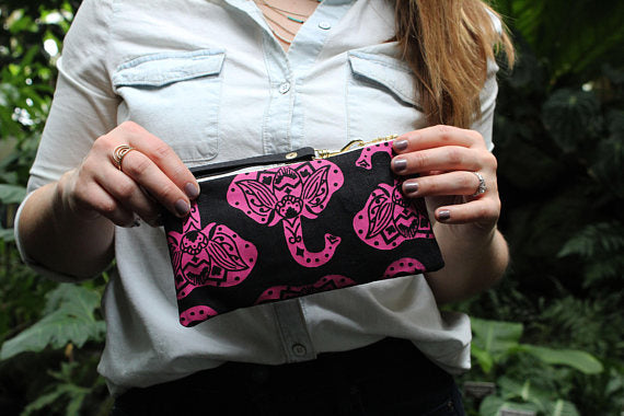 Pink/Black Elephant Linen Pouch -Small