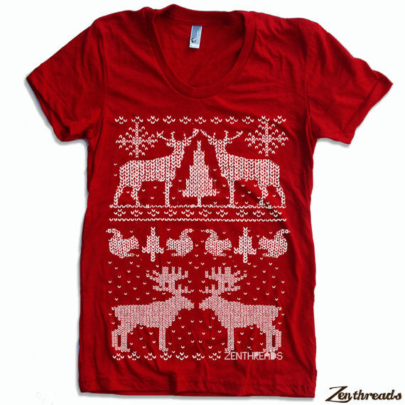 Women's Christmas Sweater Print T-Shirt Red