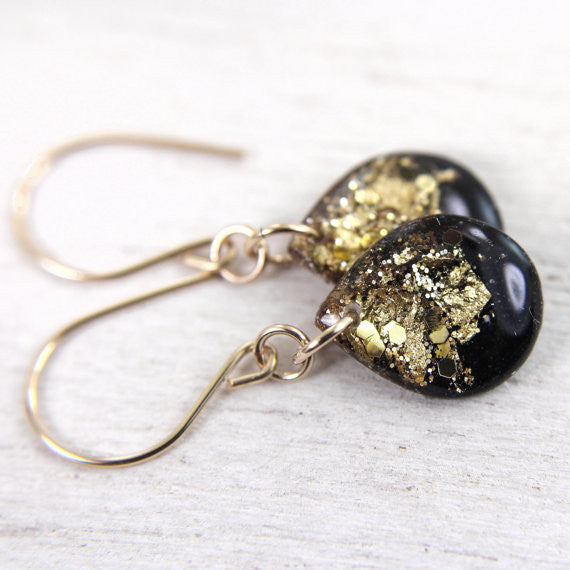 Small Black and Gold Leaf Teardrop Earrings // by Tiny Galaxies - WATERBURY