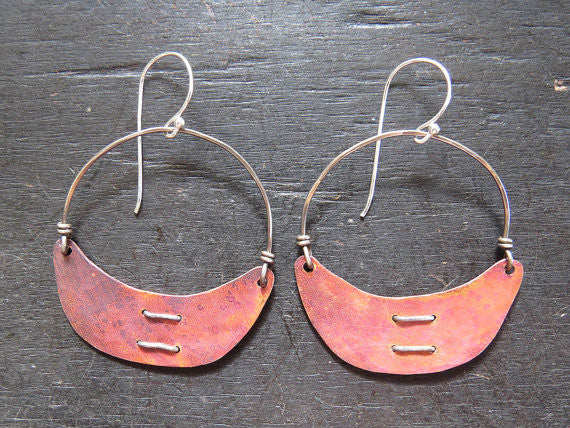 Copper Stitched Crescent Earrings Small