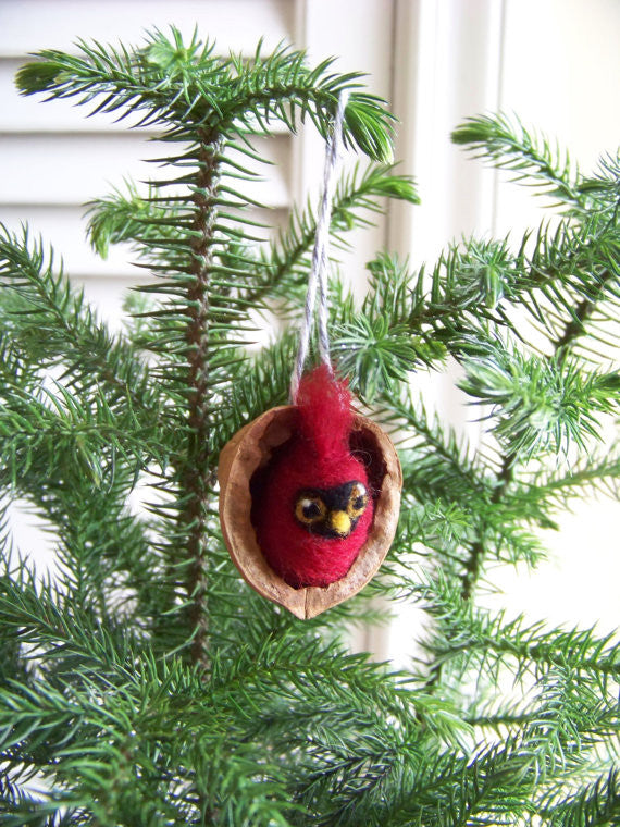 Needle Felted Cardinal in Walnut Heirloom Ornament