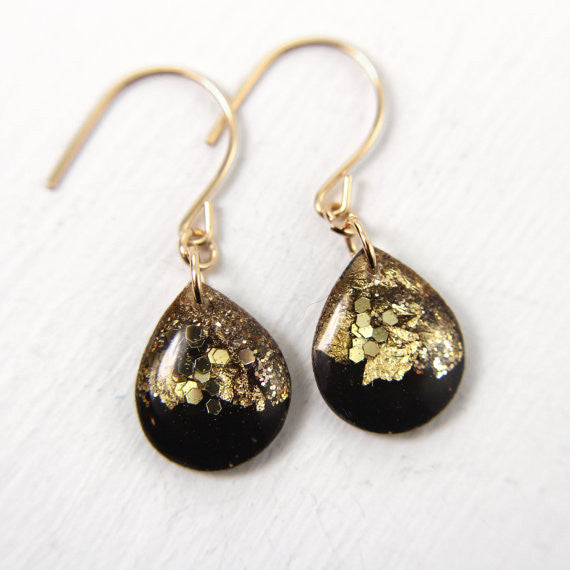 Black and Gold Leaf Teardrop Earrings