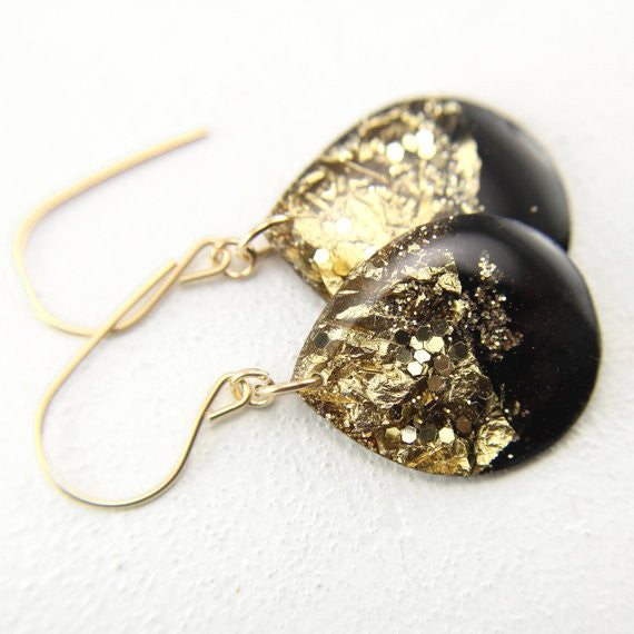 Large Black and Gold Leaf Teardrop Earrings // by Tiny Galaxies