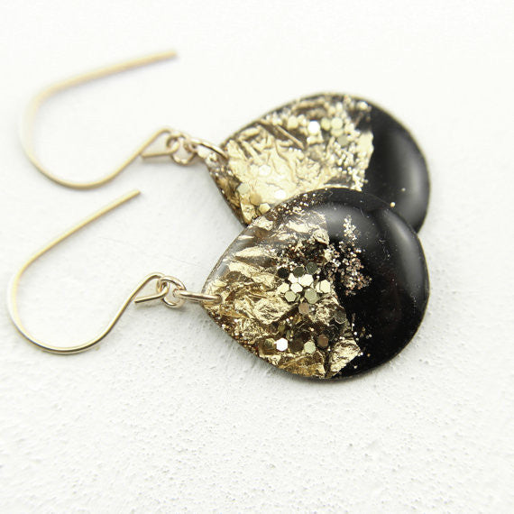 Large Black and Gold Leaf Teardrop Earrings // by Tiny Galaxies