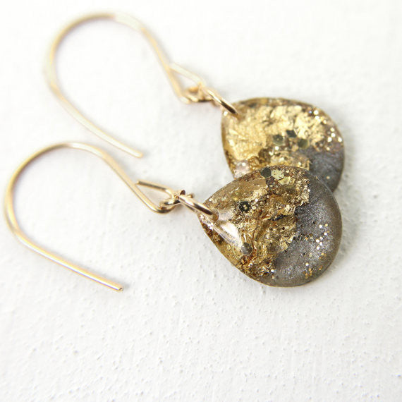 Grey and Gold Leaf Teardrop Earrings